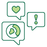 Darstellung dreier Sprechblasen mit einem Herz, einem Ausrufungszeichen und einer Erdkugel