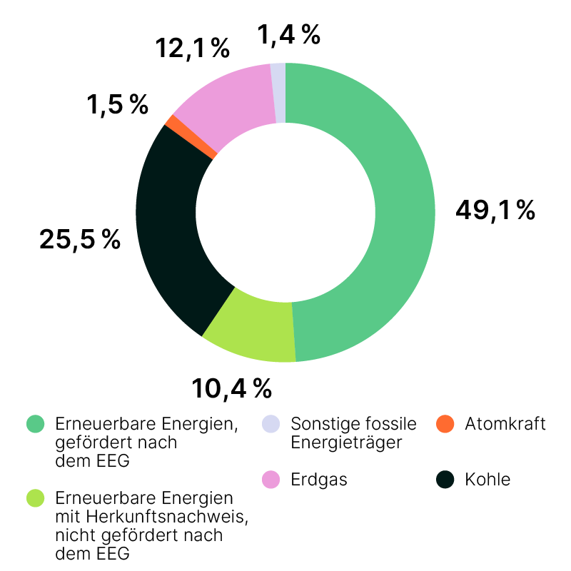 Infografik für den bundesdeutschen Strommix. Größter Anteil aus erneuerbaren Energien. Zweitgrößter aus Kohlekraftwerken.