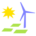 Grafik einer Sonne, Windkraftanlage und Photovoltaikanlage.