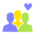 Schematische Darstellung von drei Menschen-Torsos in den Farben Lila, Gelb, Grün. Rechts oben schwebt ein Lila Herz über den Umrissen.