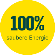 Gelber Kreis mit dem Aufschrift "100% saubere Energie"