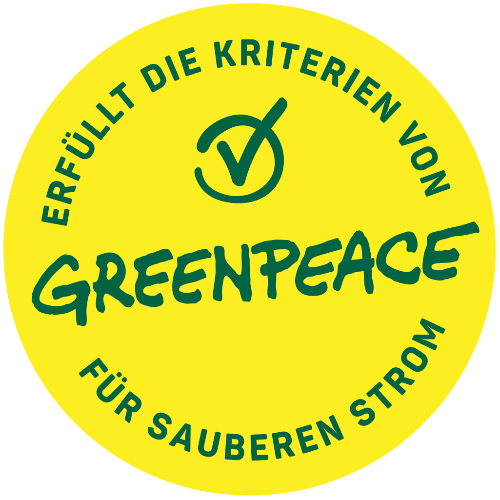 Gelbes Greenpeace Siegel für zertifzierten und echten Ökostrom. Die Aufschrift lautet "erfüllt die Kriterien von Greenpeace für sauberen Strom".